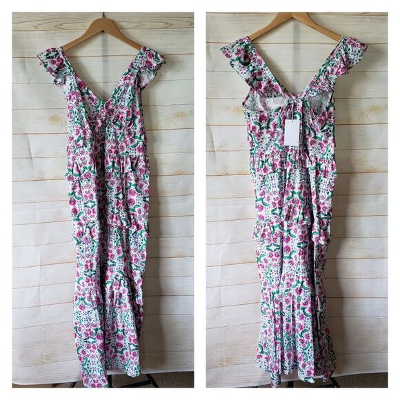 MISA x Revolve Morrison Floral Cotton Strappy Tiered Spring Fuschia Midi Dress - Picture 7 of 15